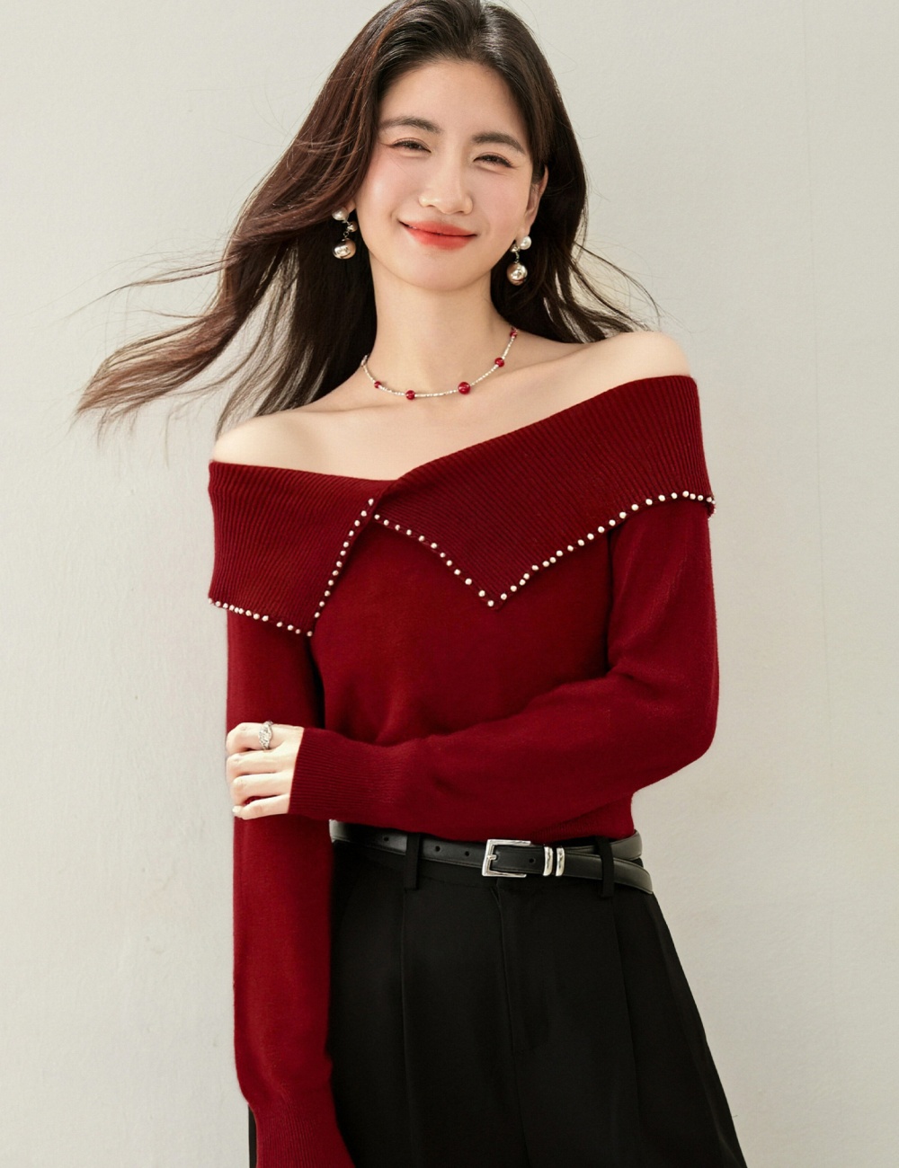 Irregular beading sweater autumn and winter tops