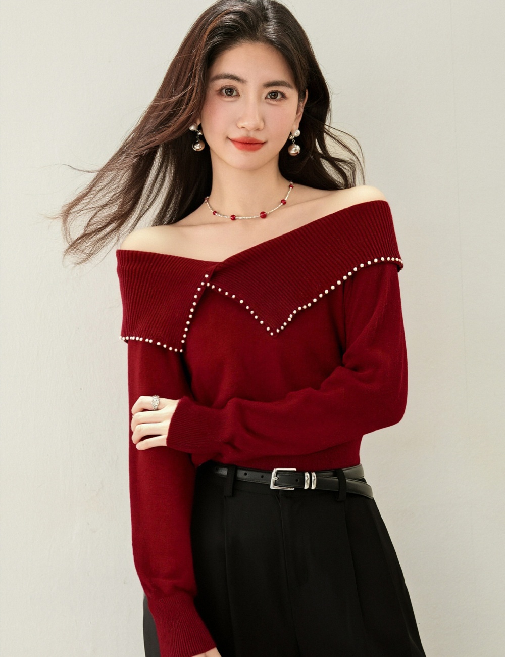 Irregular beading sweater autumn and winter tops