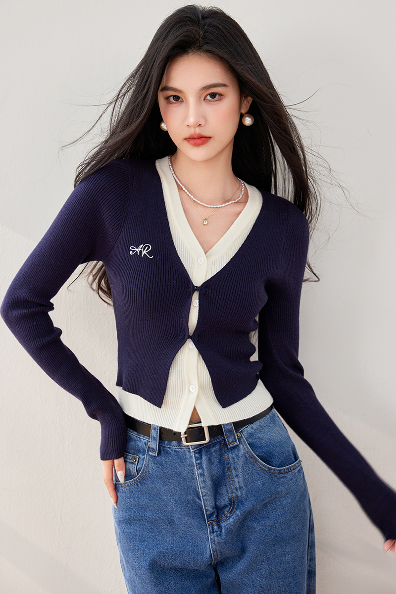 Mixed colors short bottoming shirt slim sweater for women