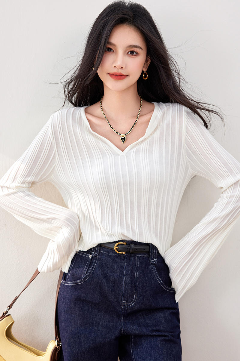 Pit stripe shirts trumpet sleeves sweater for women