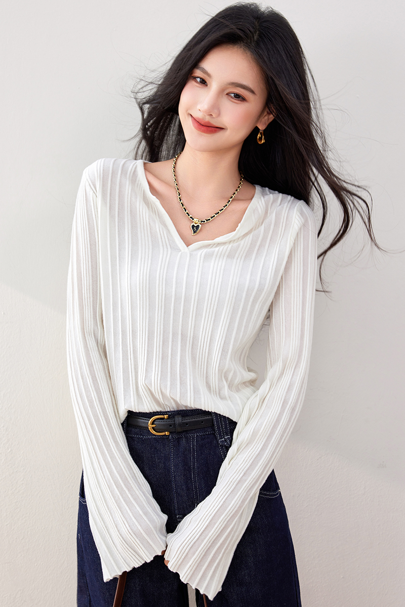 Pit stripe shirts trumpet sleeves sweater for women