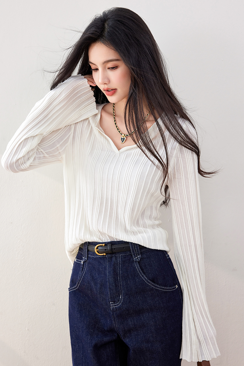 Pit stripe shirts trumpet sleeves sweater for women