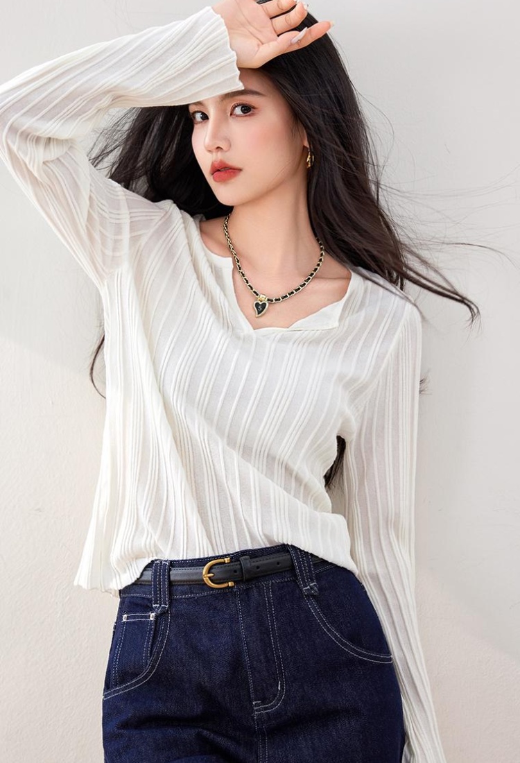 Pit stripe shirts trumpet sleeves sweater for women