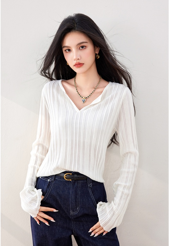 Pit stripe shirts trumpet sleeves sweater for women
