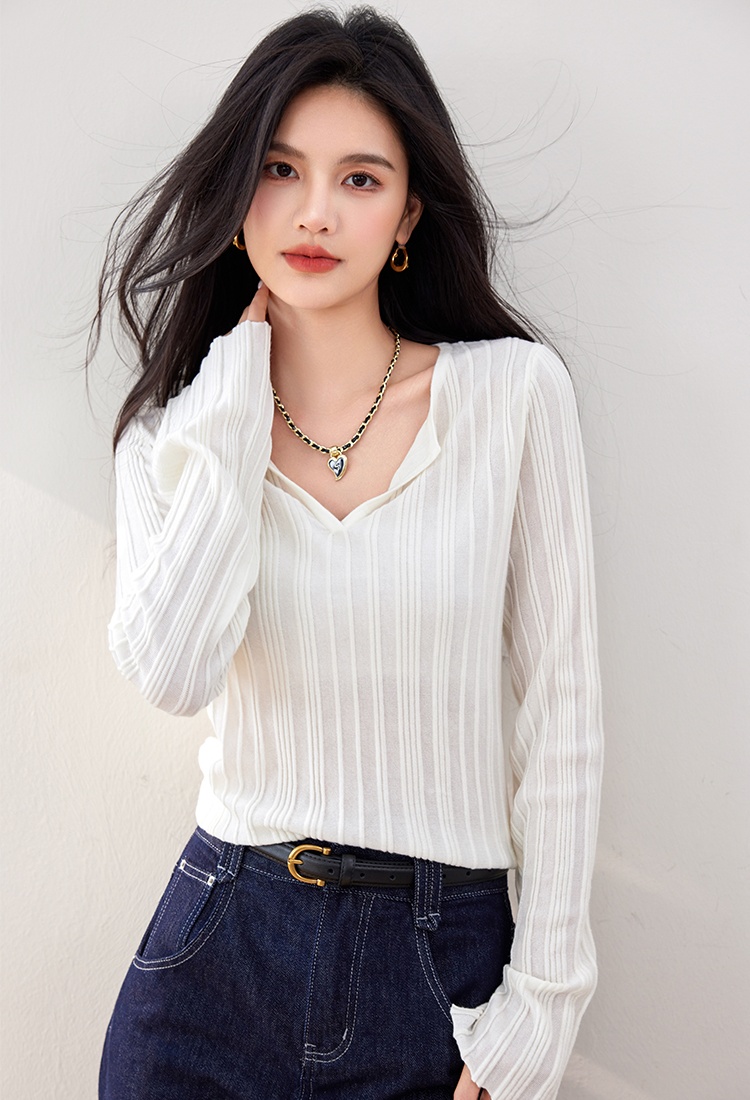Pit stripe shirts trumpet sleeves sweater for women