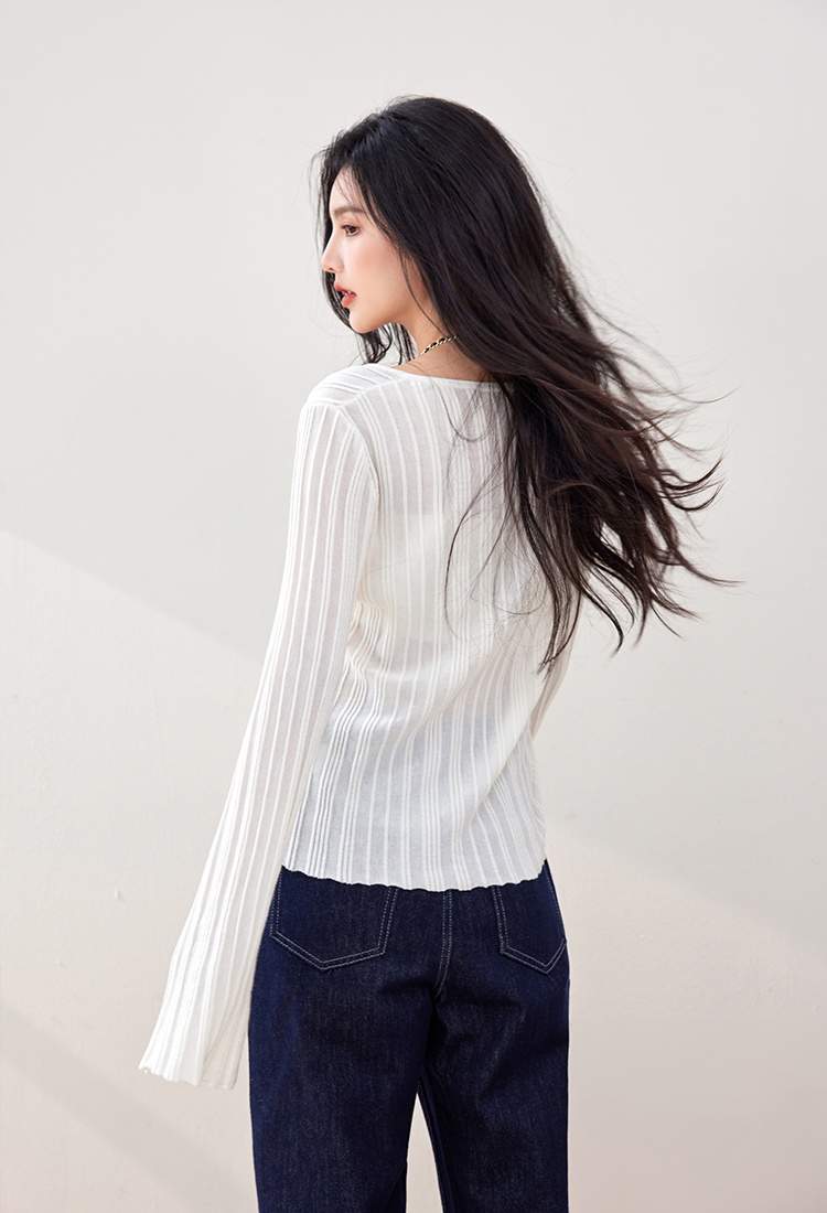 Pit stripe shirts trumpet sleeves sweater for women