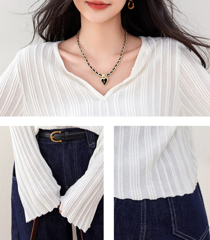 Pit stripe shirts trumpet sleeves sweater for women