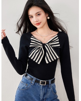 Slim Hepburn style retro sweater bow stripe tops