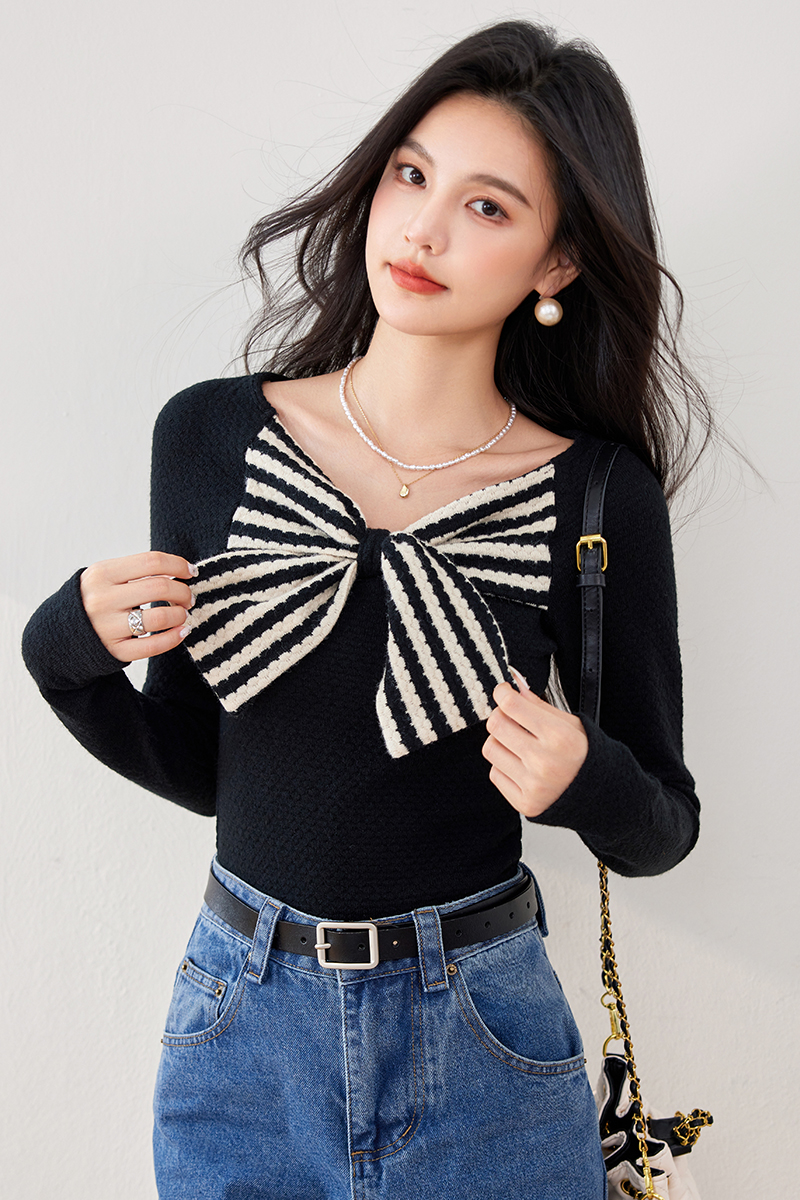Slim Hepburn style retro sweater bow stripe tops