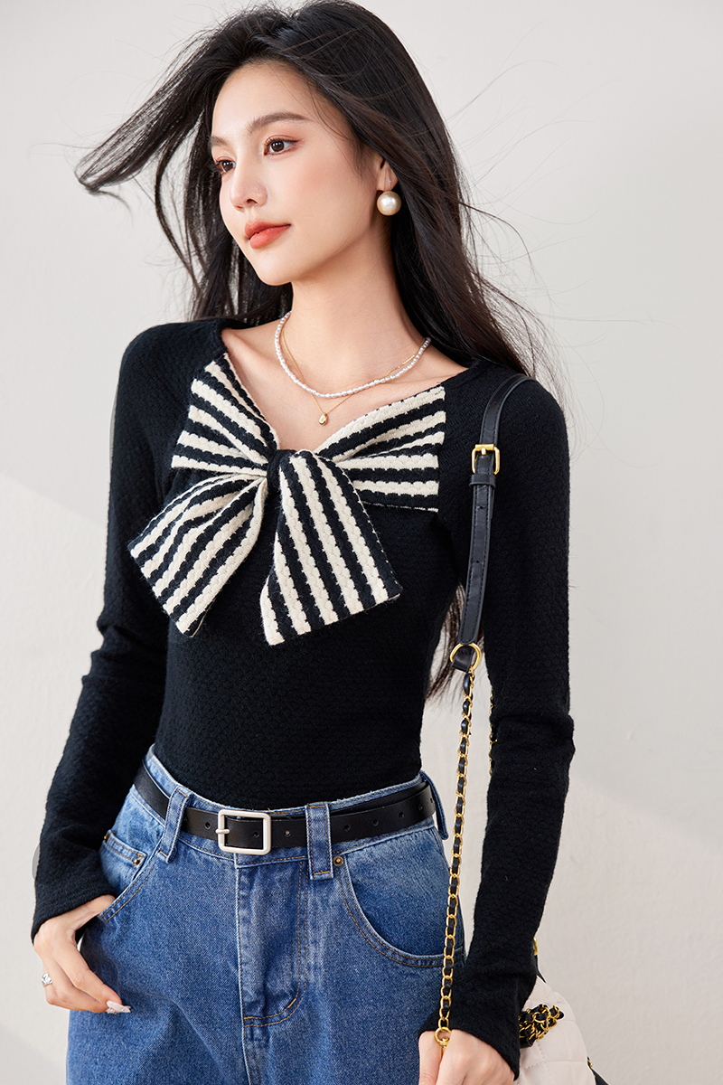 Slim Hepburn style retro sweater bow stripe tops