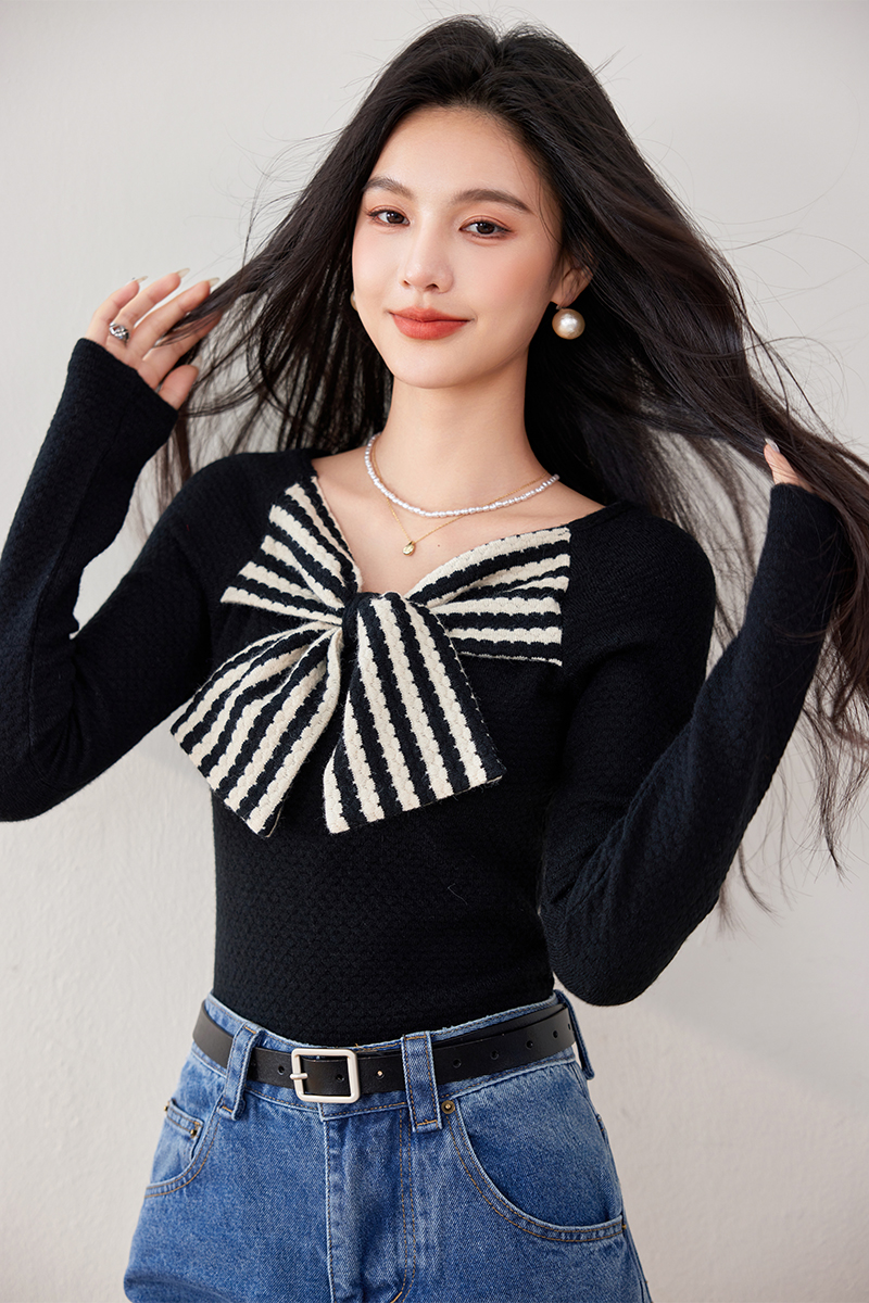 Slim Hepburn style retro sweater bow stripe tops