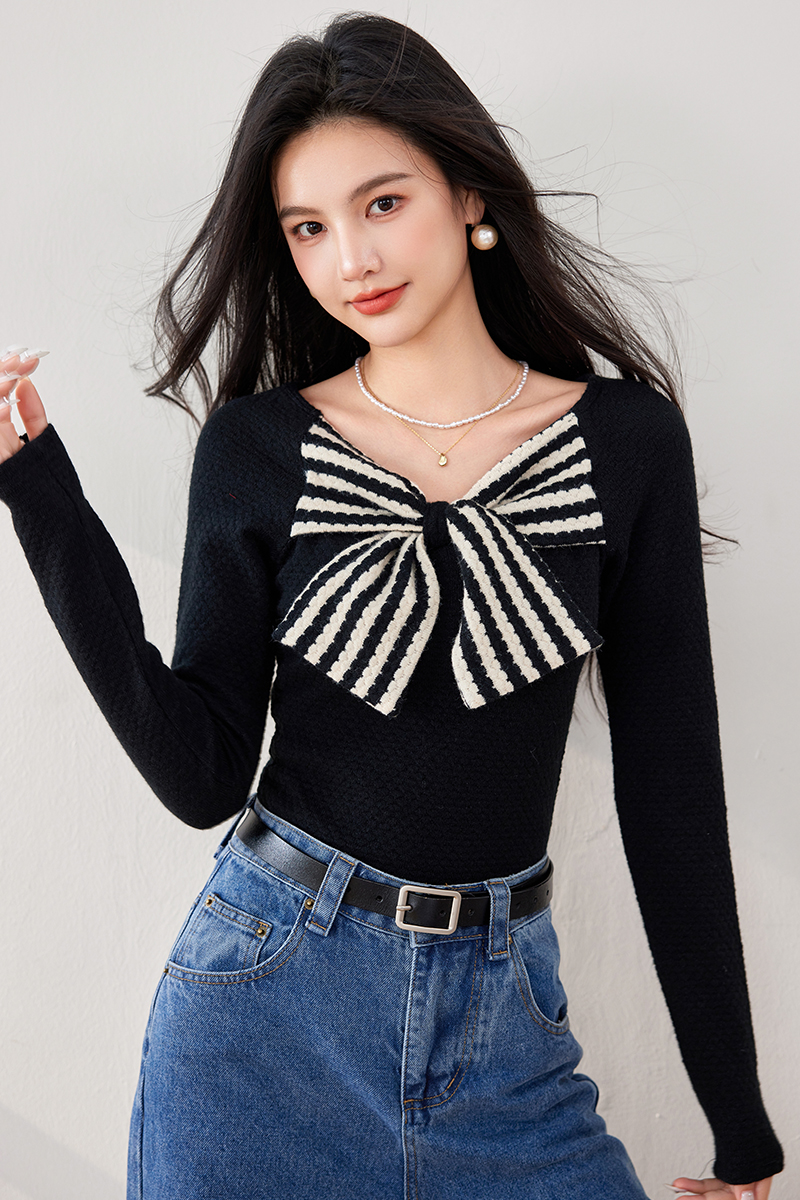 Slim Hepburn style retro sweater bow stripe tops