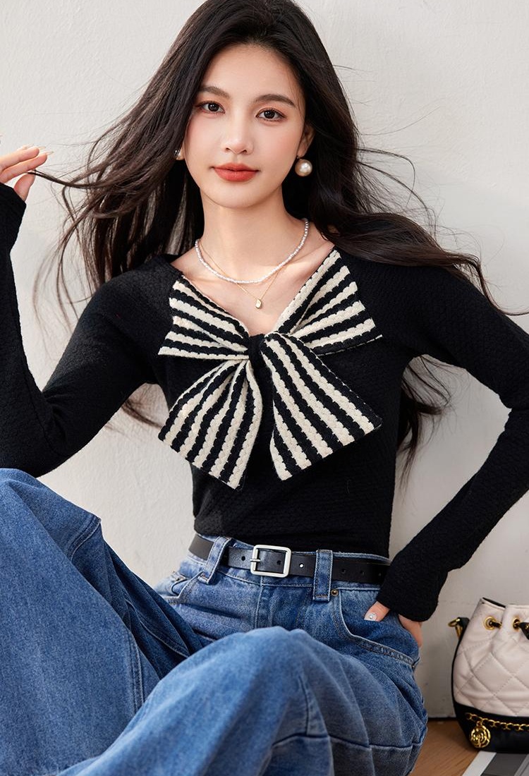 Slim Hepburn style retro sweater bow stripe tops