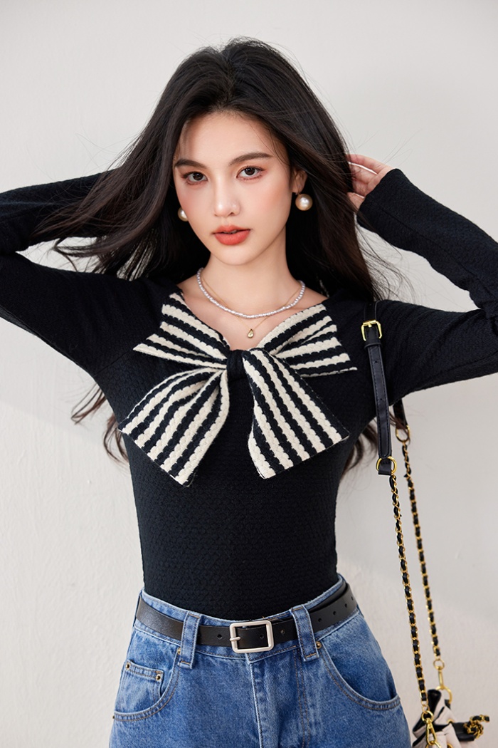 Slim Hepburn style retro sweater bow stripe tops