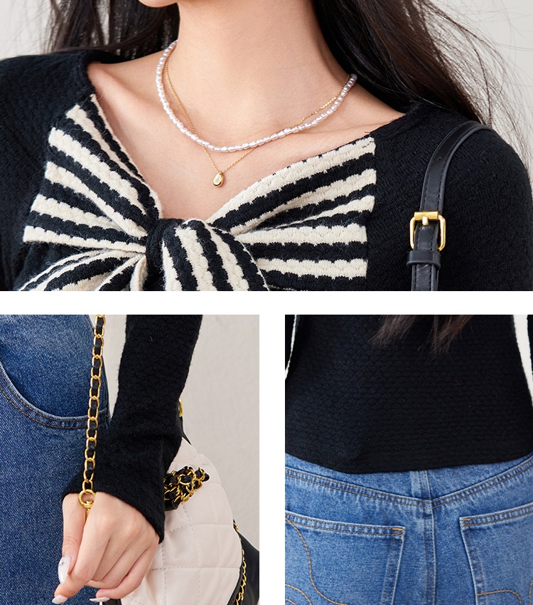 Slim Hepburn style retro sweater bow stripe tops