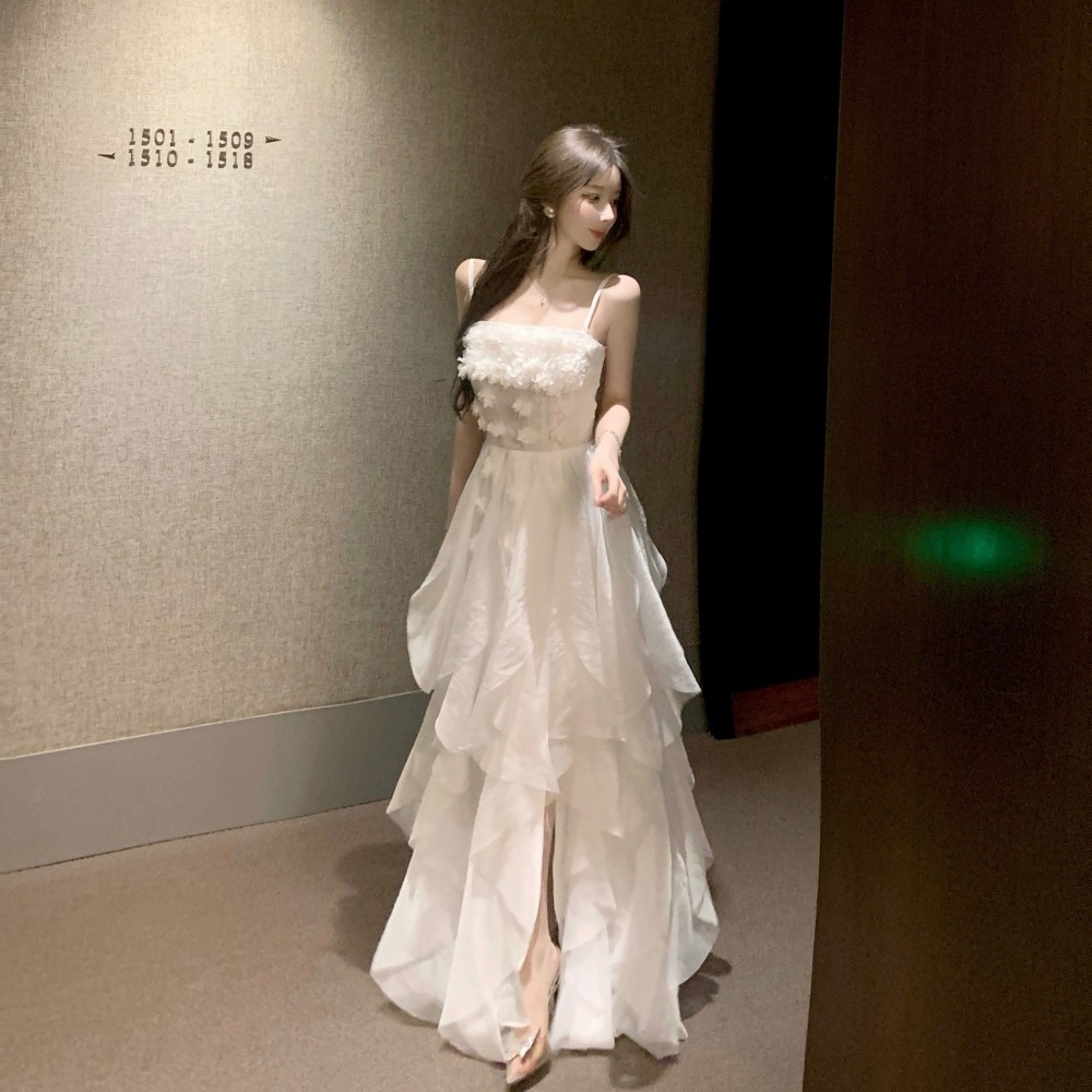 Ladies sling stereoscopic flowers pinched waist dress