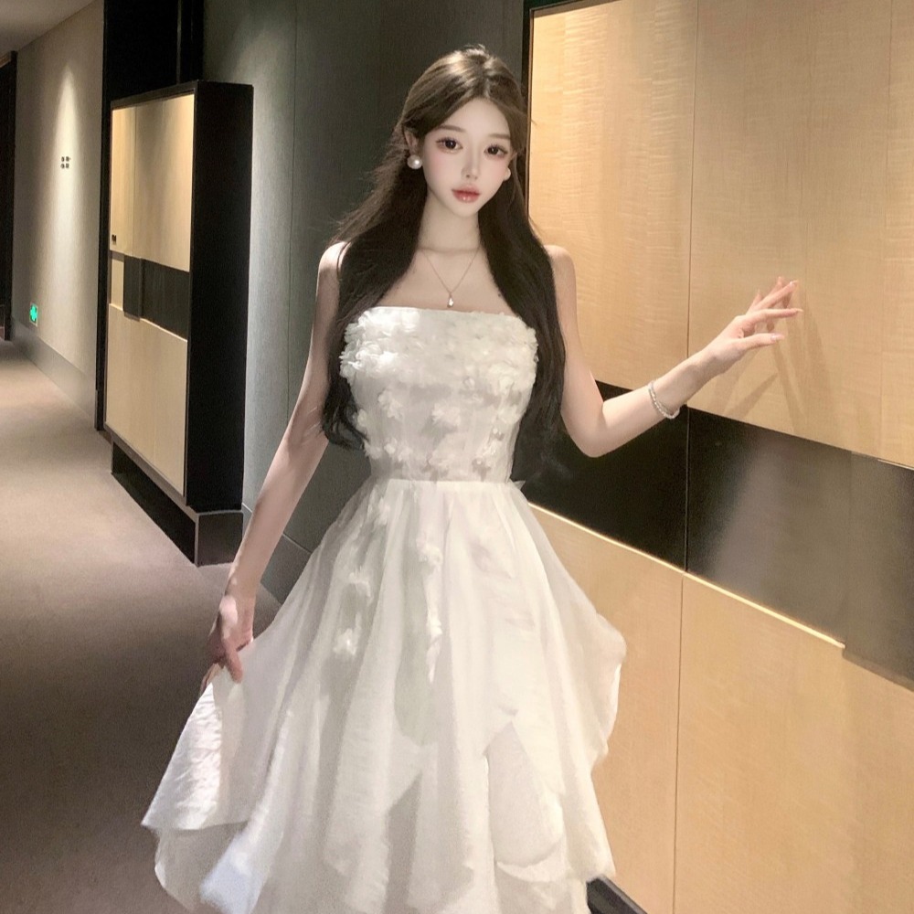 Ladies sling stereoscopic flowers pinched waist dress