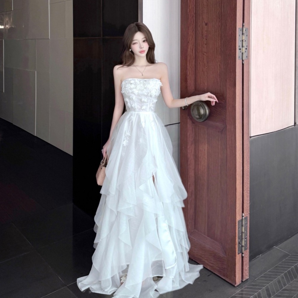 Ladies sling stereoscopic flowers pinched waist dress