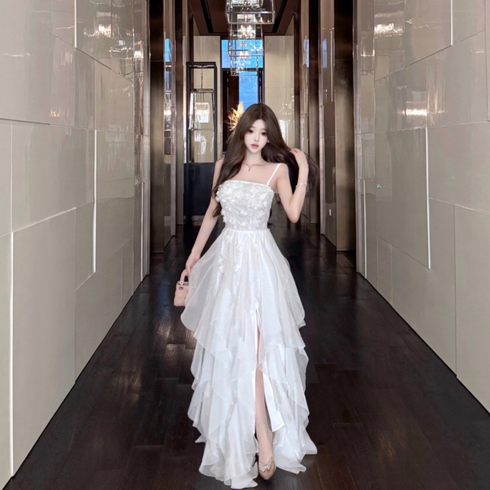 Ladies sling stereoscopic flowers pinched waist dress