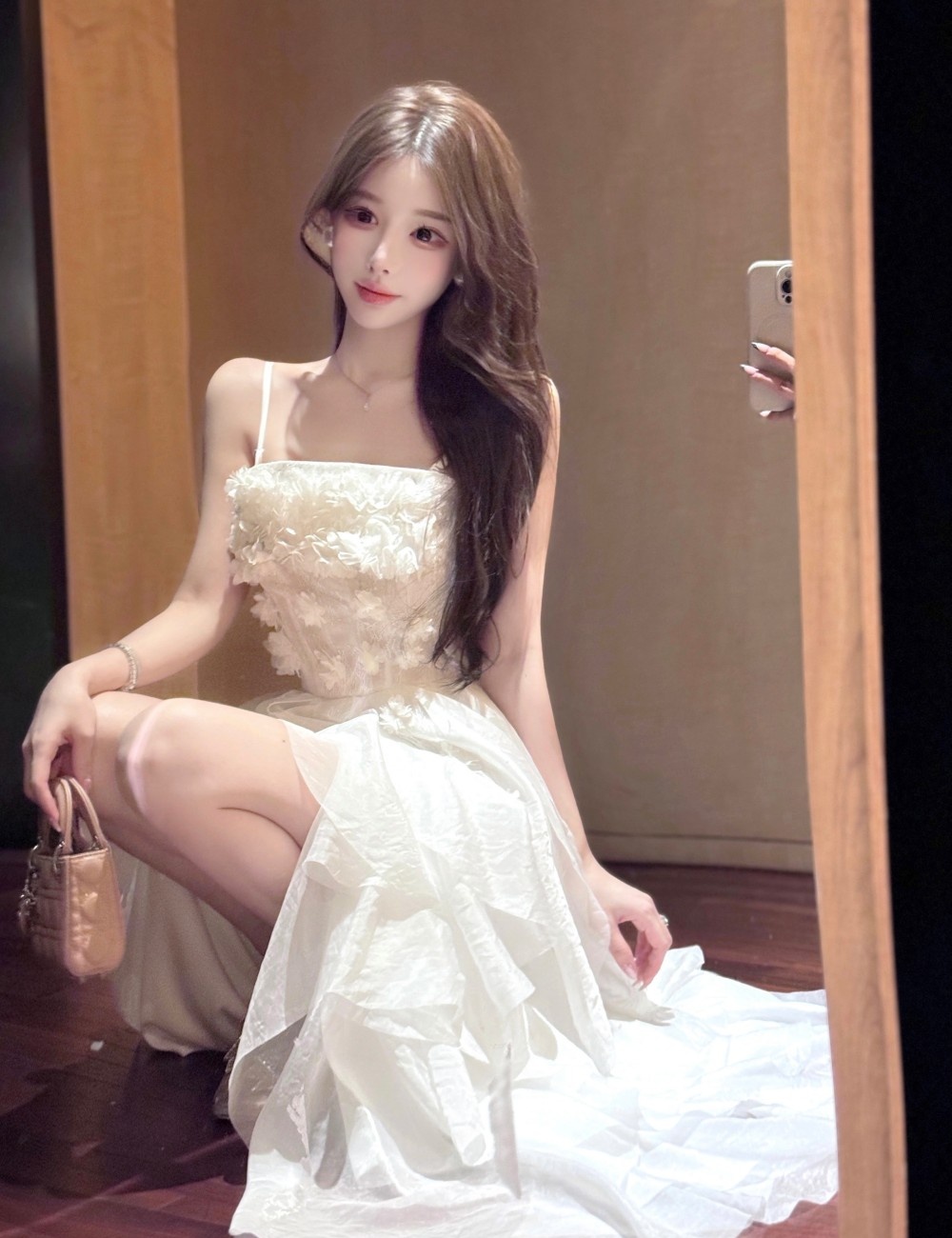 Ladies sling stereoscopic flowers pinched waist dress