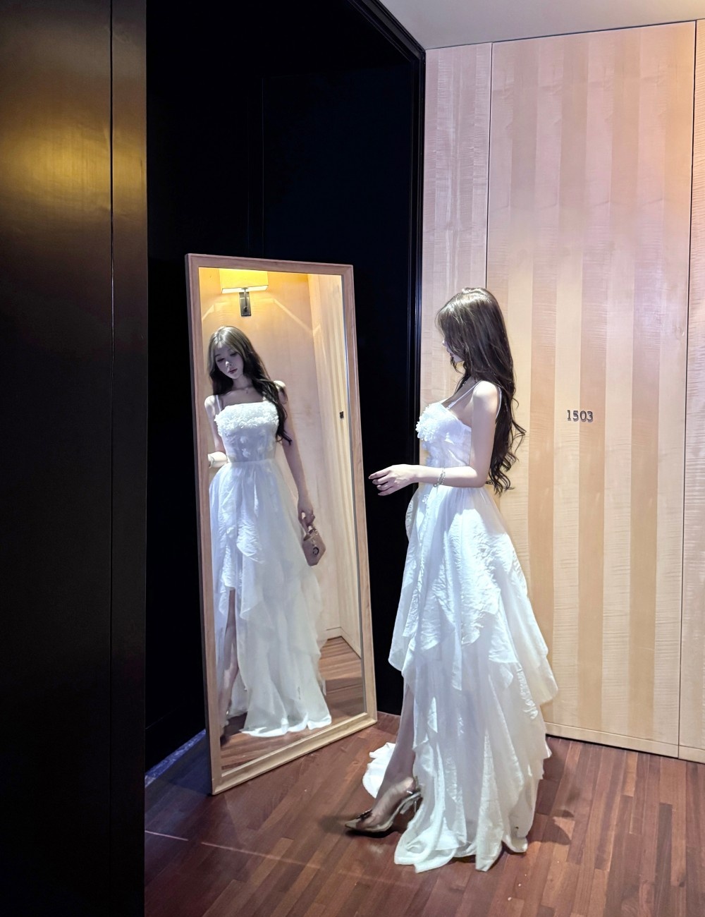 Ladies sling stereoscopic flowers pinched waist dress