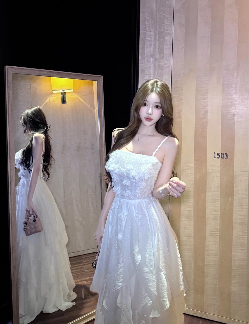 Ladies sling stereoscopic flowers pinched waist dress