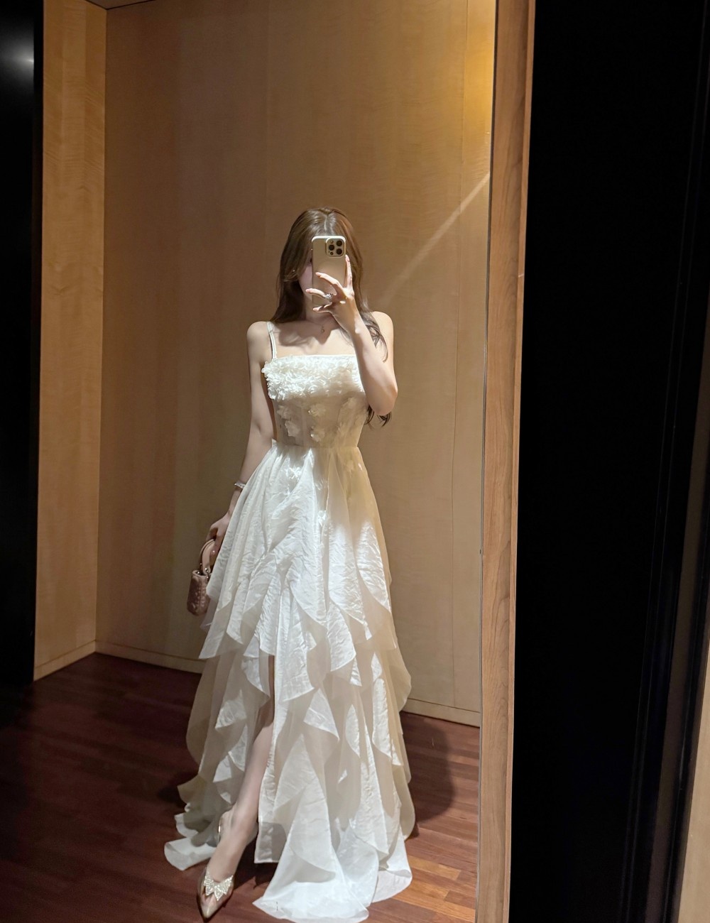 Ladies sling stereoscopic flowers pinched waist dress