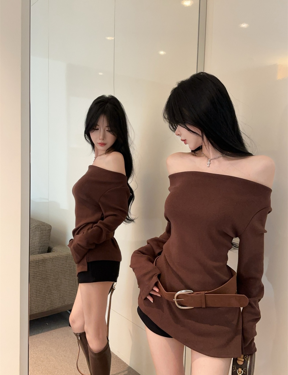 Sloping shoulder enticement T-shirt with belt tops