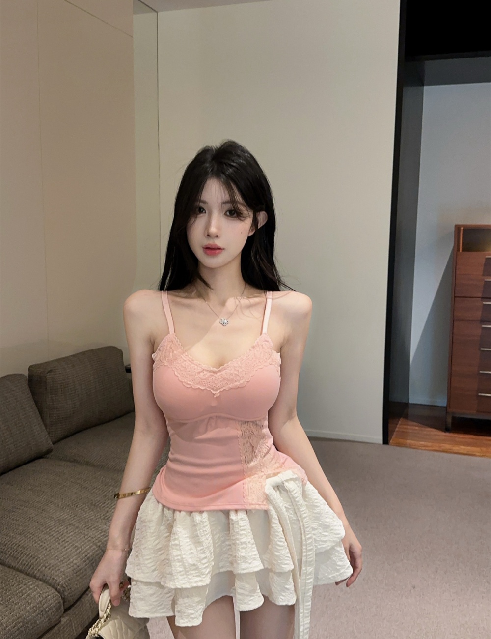 Sling spring with chest pad tops split lace vest for women