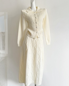 Twist white long skirt knitted temperament cardigan a set