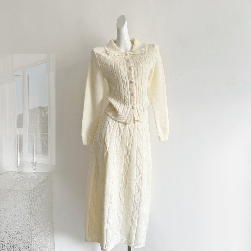 Twist white long skirt knitted temperament cardigan a set