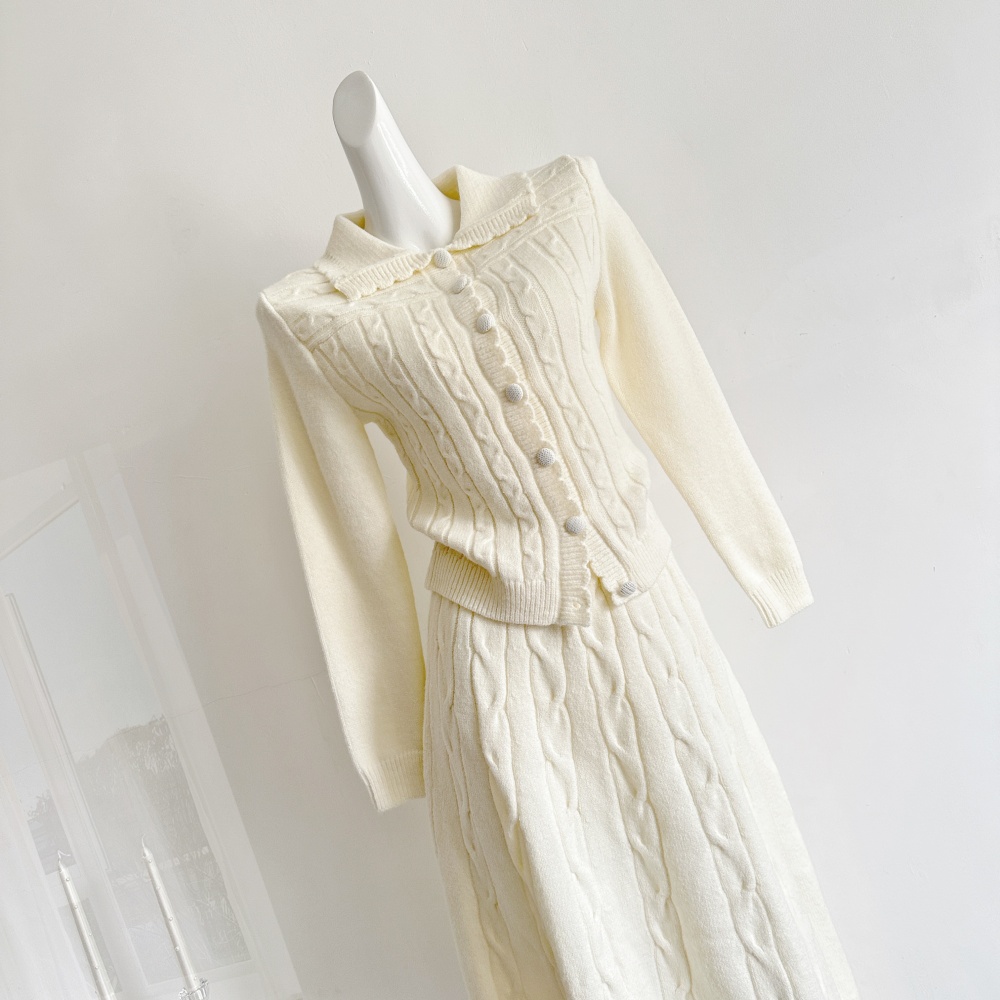 Twist white long skirt knitted temperament cardigan a set