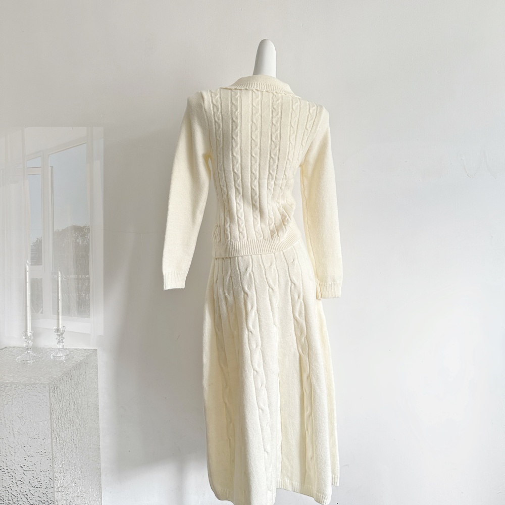 Twist white long skirt knitted temperament cardigan a set