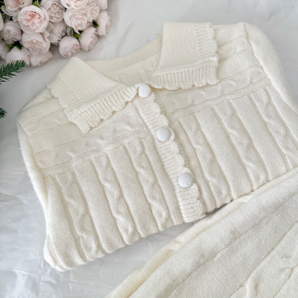 Twist white long skirt knitted temperament cardigan a set