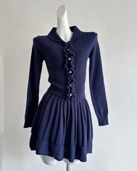 Bow sweater navy-blue short skirt