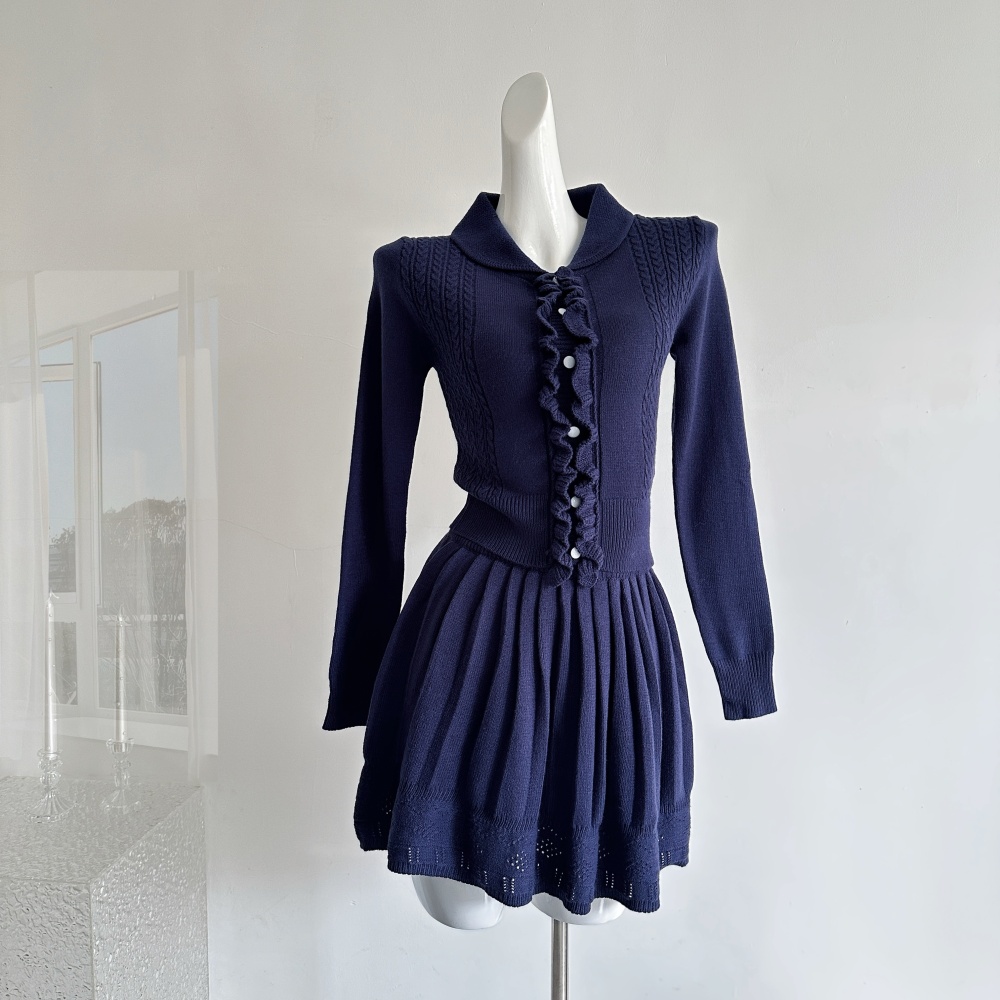 Bow sweater navy-blue short skirt