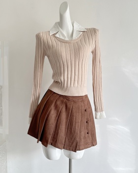 Suede pit stripe Pseudo-two sweater khaki pleated skirt a set