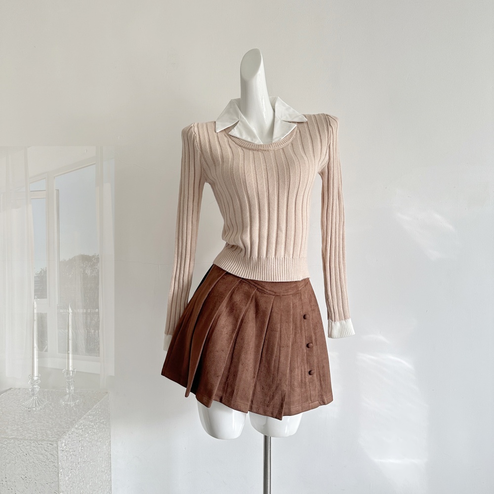 Suede pit stripe Pseudo-two sweater khaki pleated skirt a set