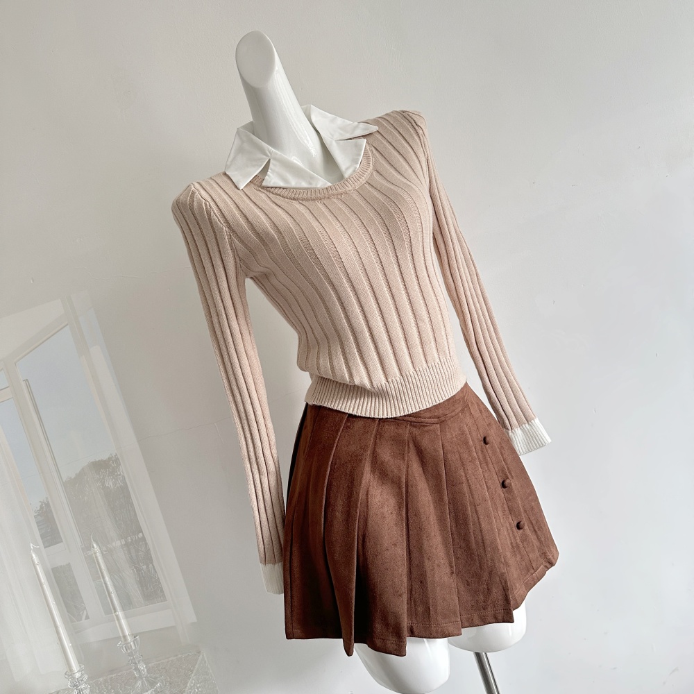Suede pit stripe Pseudo-two sweater khaki pleated skirt a set
