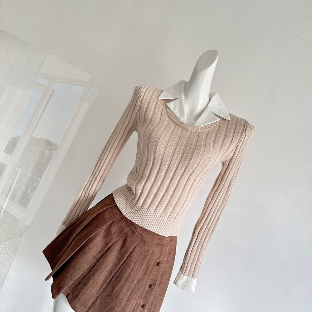 Suede pit stripe Pseudo-two sweater khaki pleated skirt a set