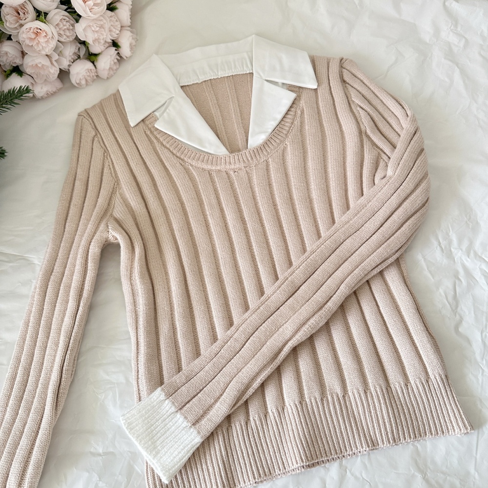 Suede pit stripe Pseudo-two sweater khaki pleated skirt a set