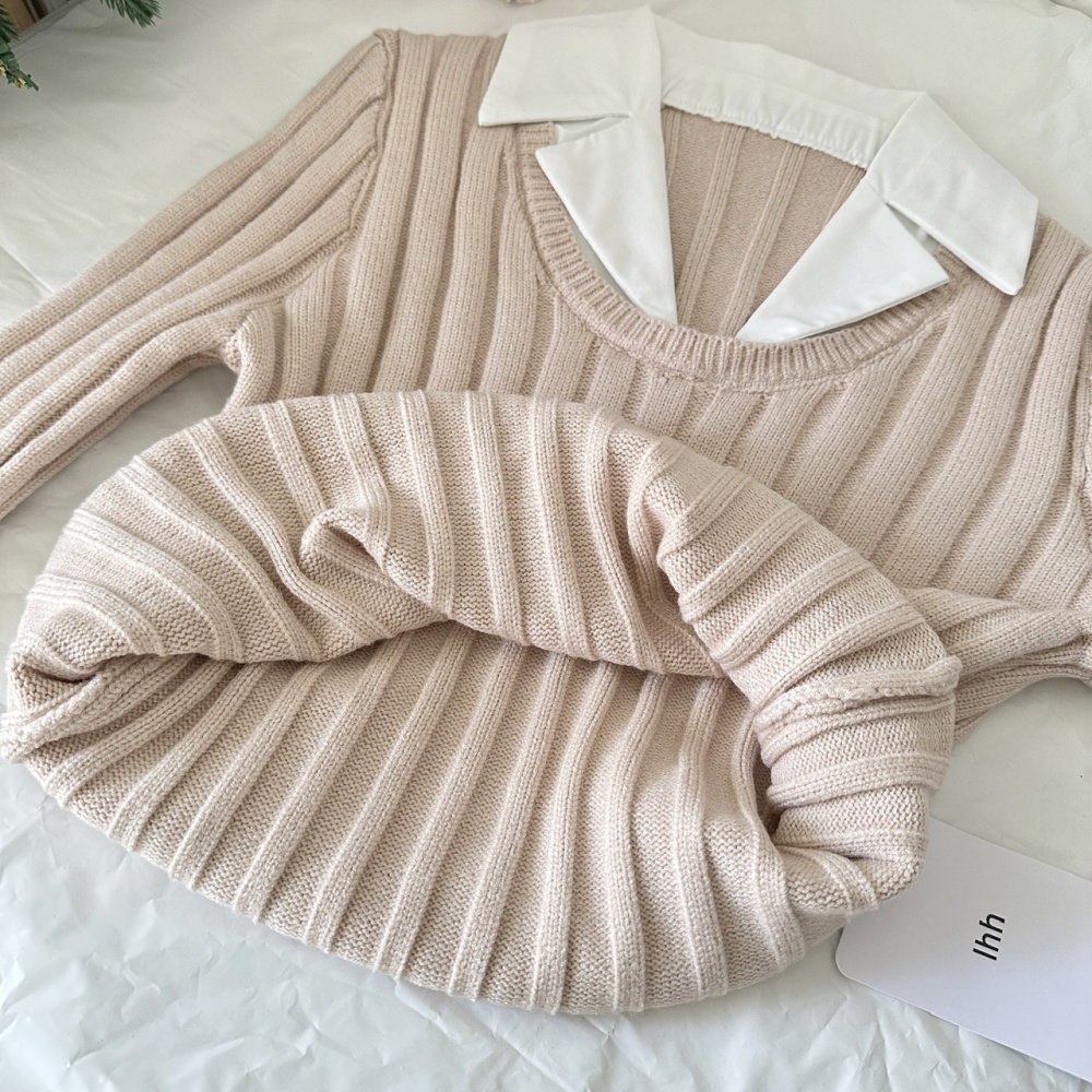 Suede pit stripe Pseudo-two sweater khaki pleated skirt a set