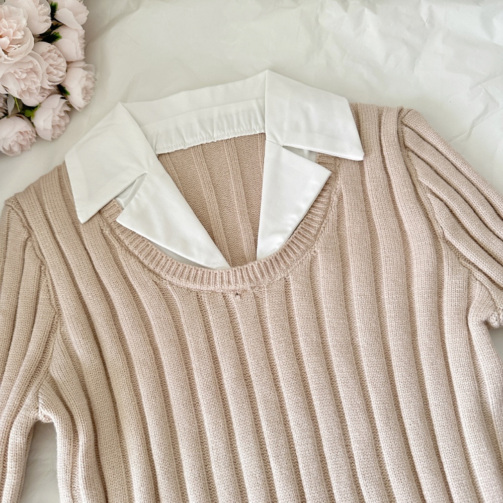 Suede pit stripe Pseudo-two sweater khaki pleated skirt a set