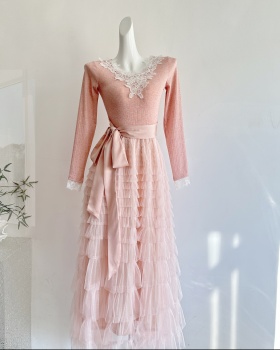 V-neck knitted cake gauze dress