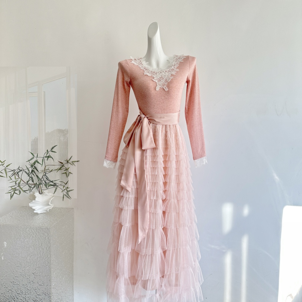 V-neck knitted cake gauze dress