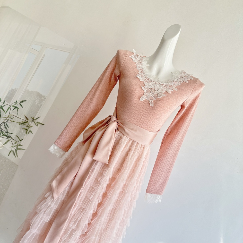 V-neck knitted cake gauze dress