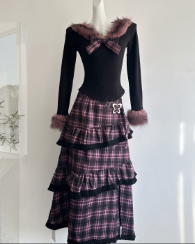 Pink fur collar tops plaid velvet skirt 2pcs set