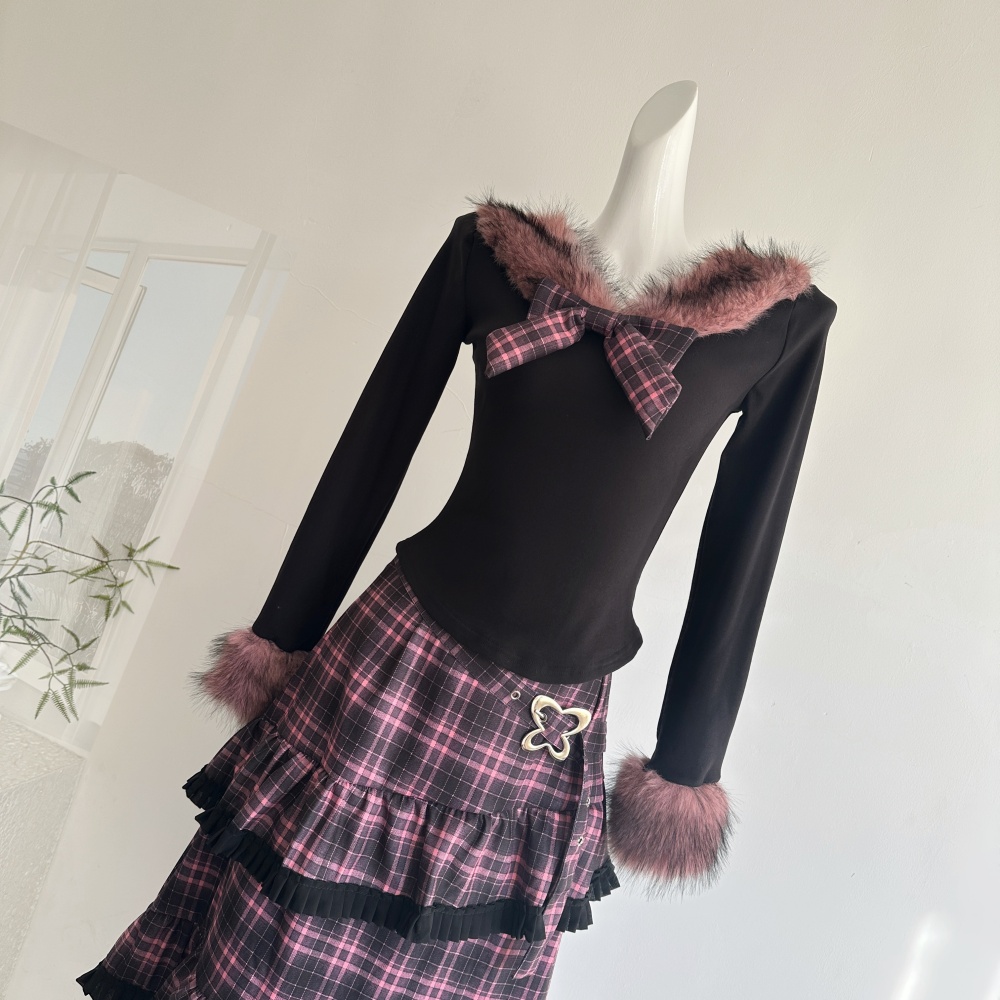 Pink fur collar tops plaid velvet skirt 2pcs set