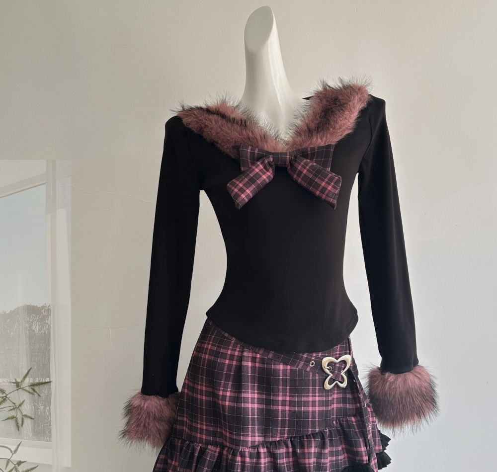 Pink fur collar tops plaid velvet skirt 2pcs set