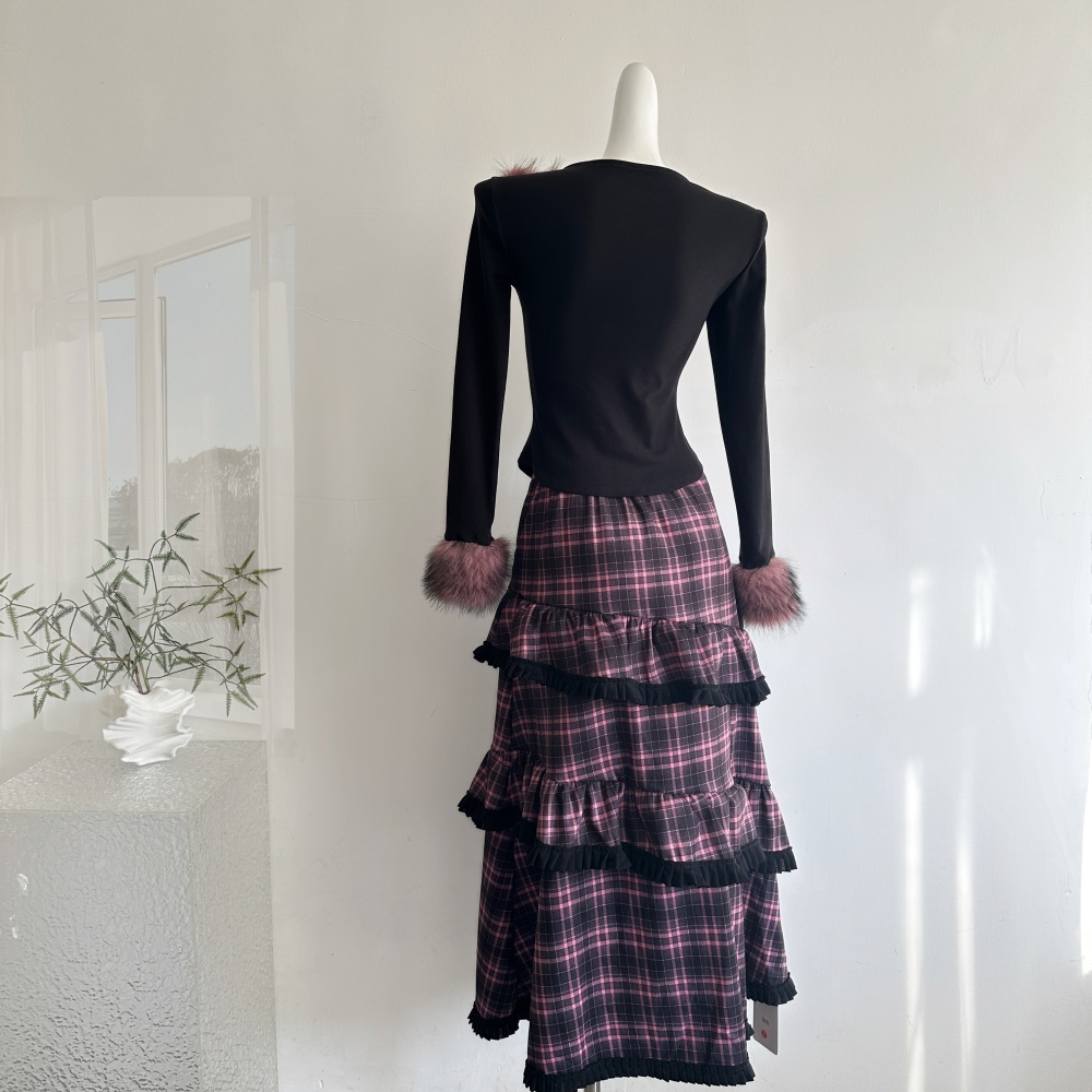 Pink fur collar tops plaid velvet skirt 2pcs set